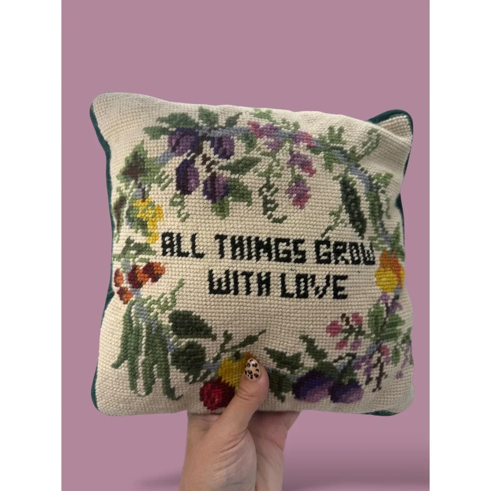 Vintage Needlepoint Floral Pillow All Things Grow With Love Green Velvet 9x9